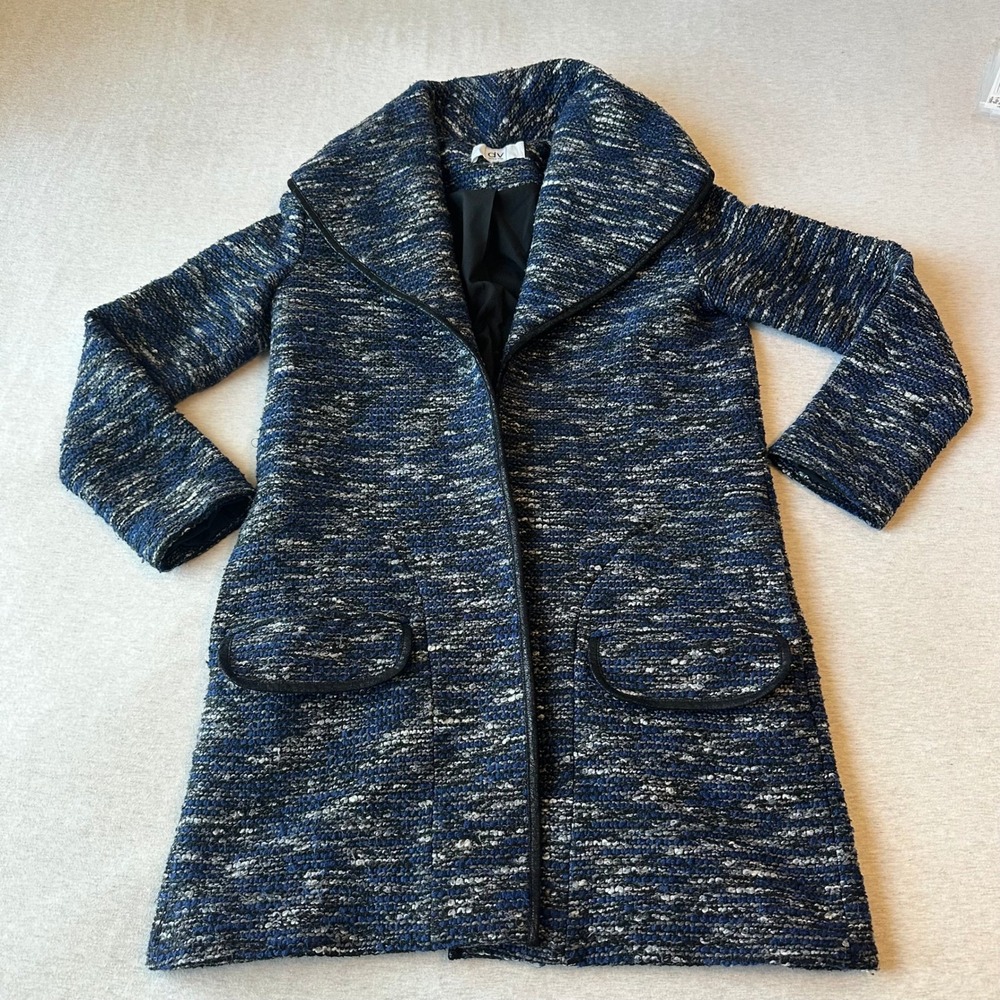 DV Dolce Vita Womens Blue Marled Knit Open Front Shawl Collar Coat Jacket Medium